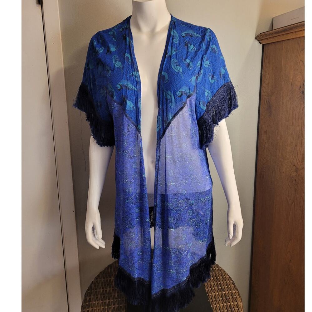 Maaji Anthropologie Blue Floral Fringe Kimono Small Sheer Boho Beach Cover Up